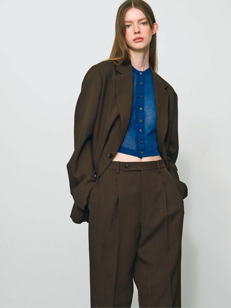 Charlotte wears Hard Twist Wool Panama Stripe Jacket in Brown Stripe
