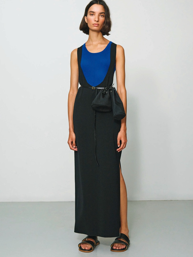 Emma wears Wool Recycle Polyester High Gauge Rib Knit Dress in Black, Giza High Gauge Rib Knit Tank in Blue