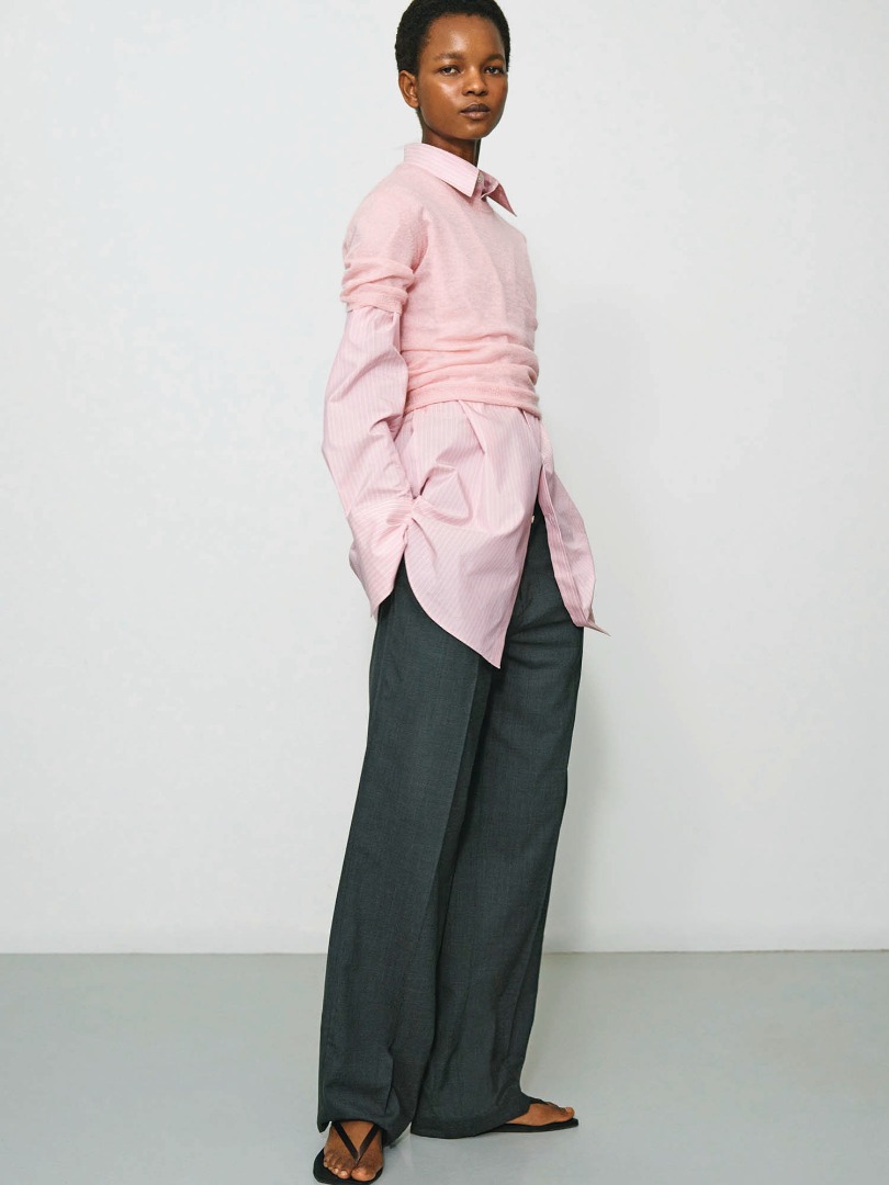 Grace wears Kid Mohair Sheer Knit Tee in Light Pink, Finx Polyester Stripe Shirt in Pink Beige Stripe.